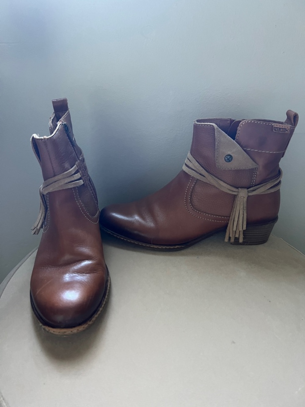 PIKOLINOS Brown Leather Ankle Boots with Suede Tassel Wrap